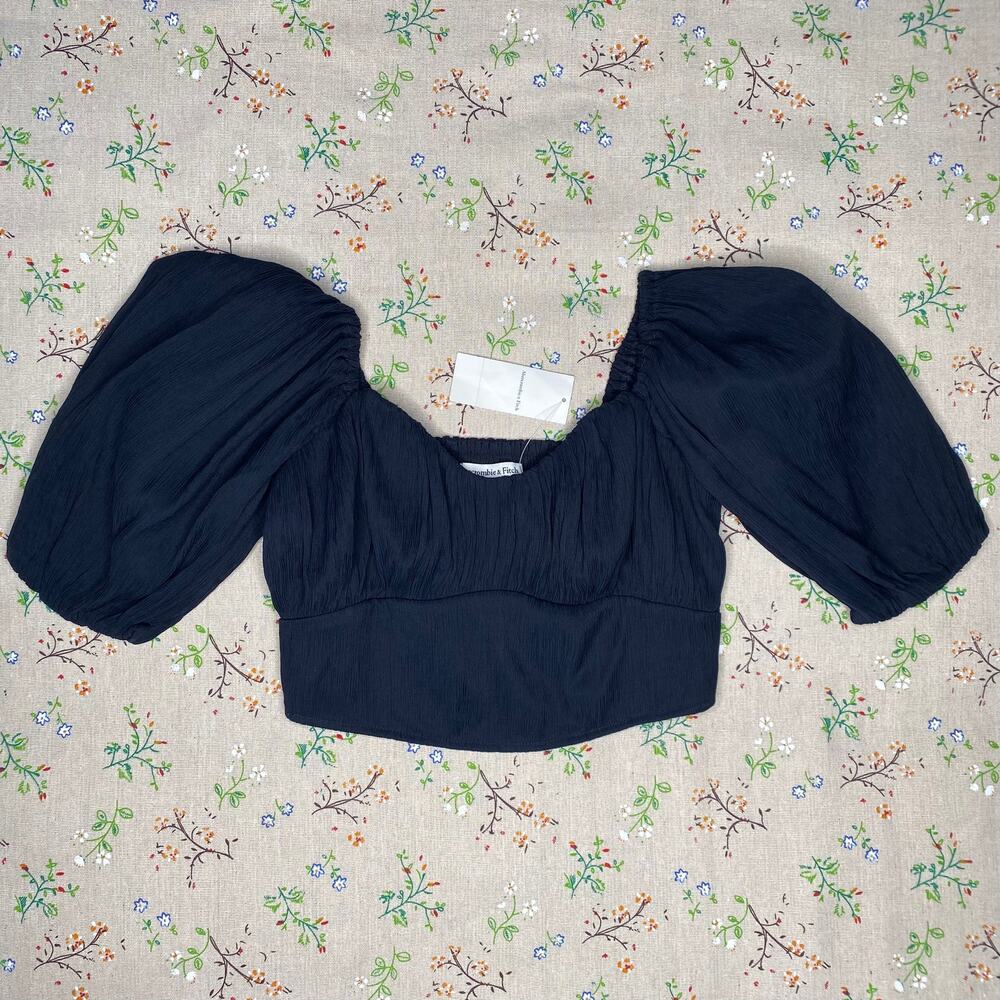 Abercrombie & Fitch Puff Sleeve Crop Top Sweetheart Crinkle Crepe Lined Black XS